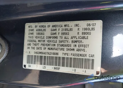 2007 Honda Accord 2.4 Lx z USA, uszkodzony, nr VIN 1HGCM56407A216686